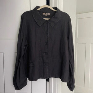 Flax Button Up Black Sun washed Linen Collar Jacket